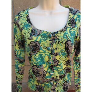Cardigan Sweater XXI Twist Green Bold Floral Roses Button Front Size S/P